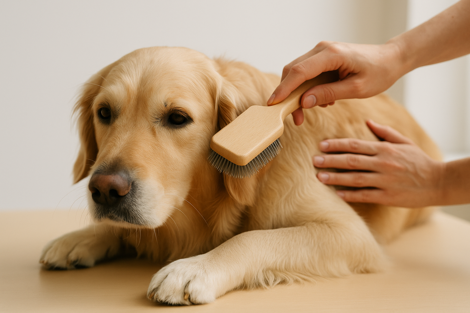 A medium-sized dog being groomed at home with a slicker brush on a clean surface